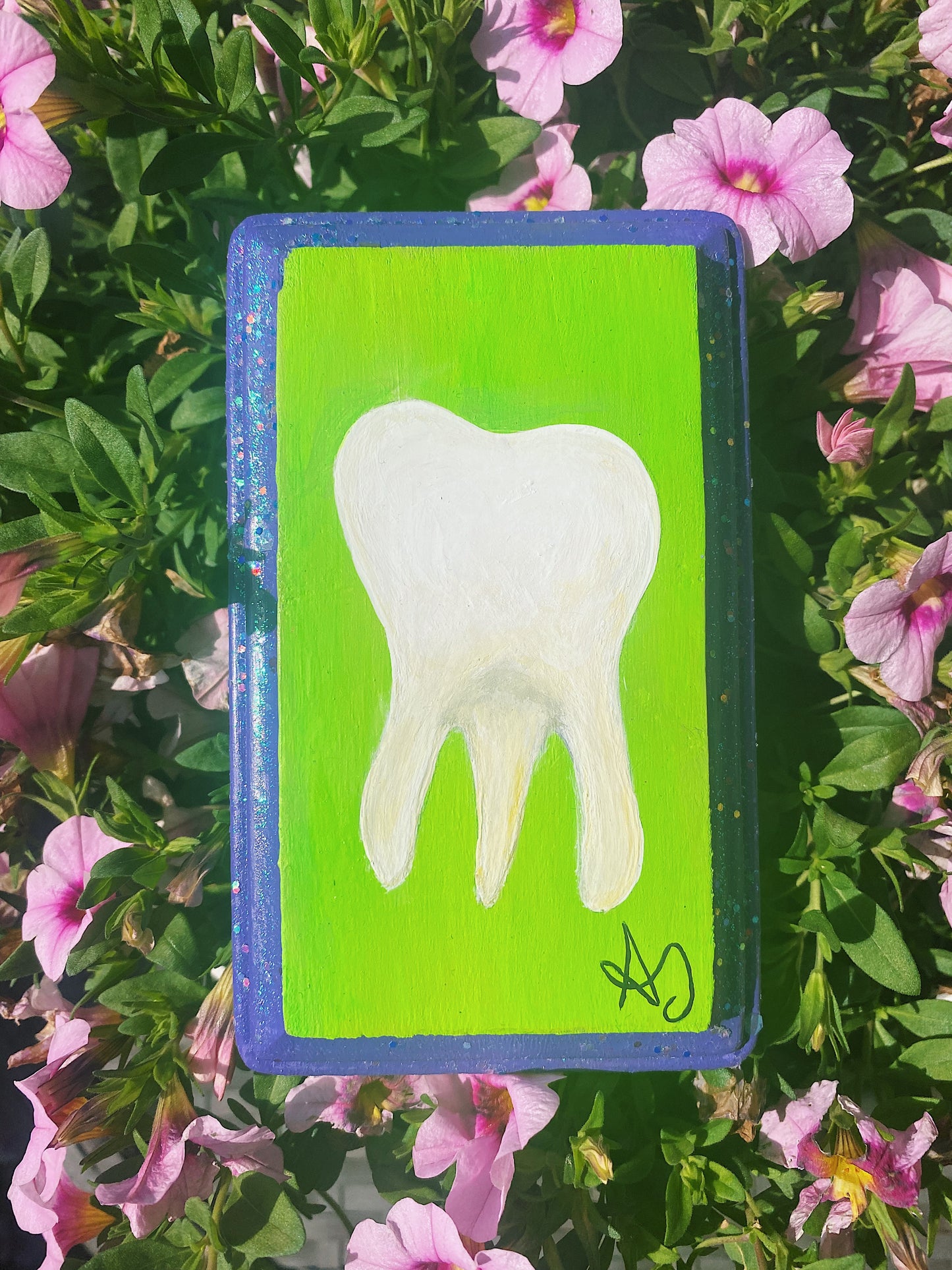 Purple and Green Tooth Acrylic Painting